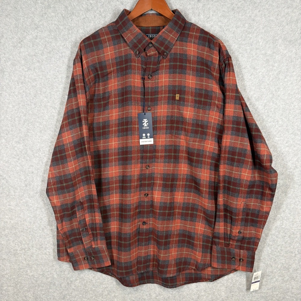 NEW Izod Stratton Flannel Plaid Cherrywood Button Up Shirt Mens XXL